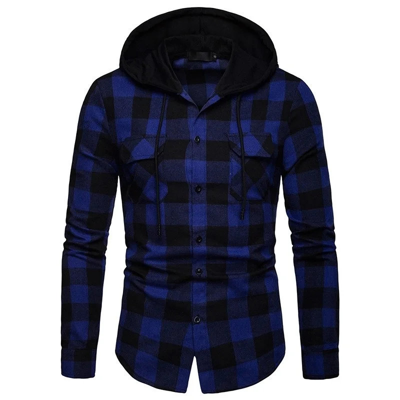 New 2022 Plaid Long Sleeve Shirts Men Hooded Business Spring Autumn Casual Single Breasted Shirts Fashion High Quality Clothes