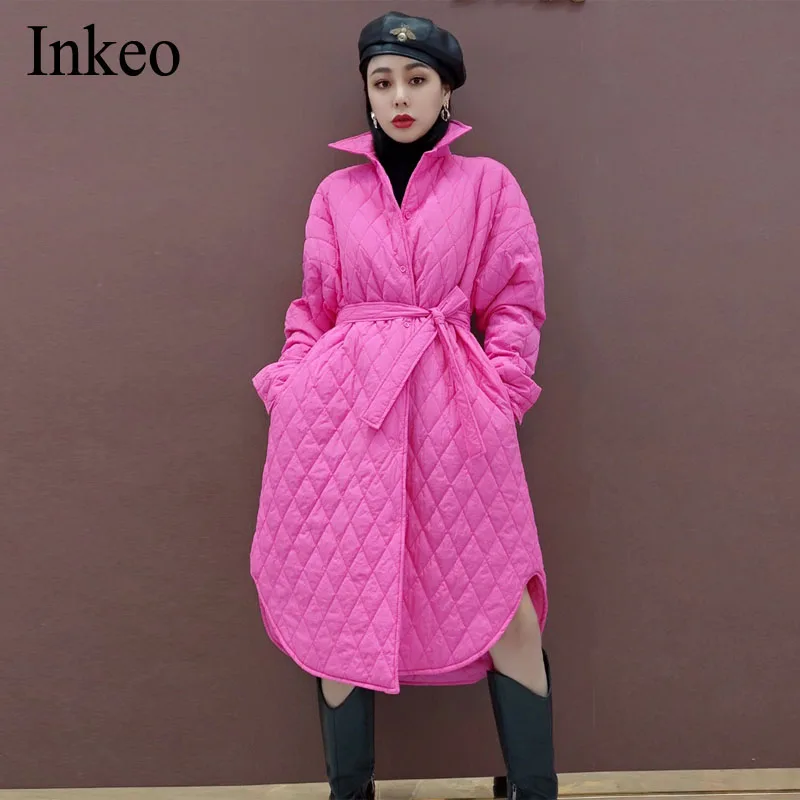 

Women's winter Jacket Solid padded Parka Fashion Warm Outwear Autumn quilted coat oversized chic belt stand collar INKEO 1O020