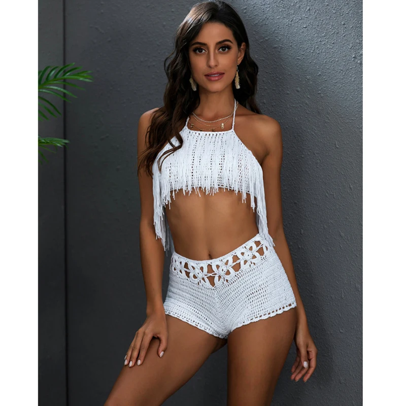 Summer Holidays Crochet 2PCS/SET Beach cover up sexy women tassel crop top+shorts bottom swimwear cover-ups 2021 New