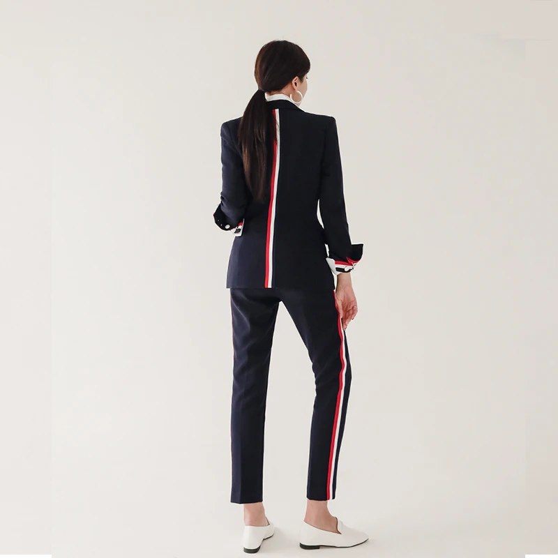 Spring Autumn Slim Long Sleeve Women's Suit Webbing Edge Casual Blazer Jacket High Waist Pants Suit Office Two Piece Sets Female