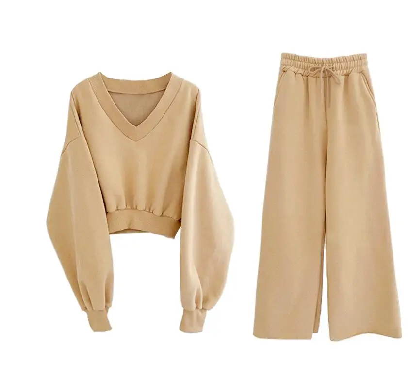 

Autumn Women's V Neck Crop Pullover Sweatshirt Two Piece Suits + High Waist Loose Wide Leg Pants 2 Piece Set Outfit