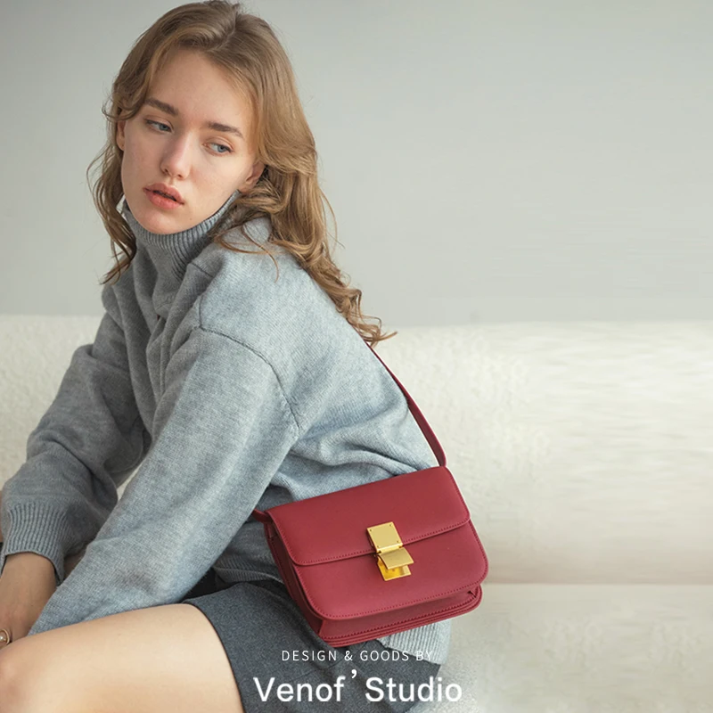 VENOF 2024 Bag for womanHigh Quality Female Leather Shoulder Crossbody Vintage Small Square Messenger Flap For Women Solid Color