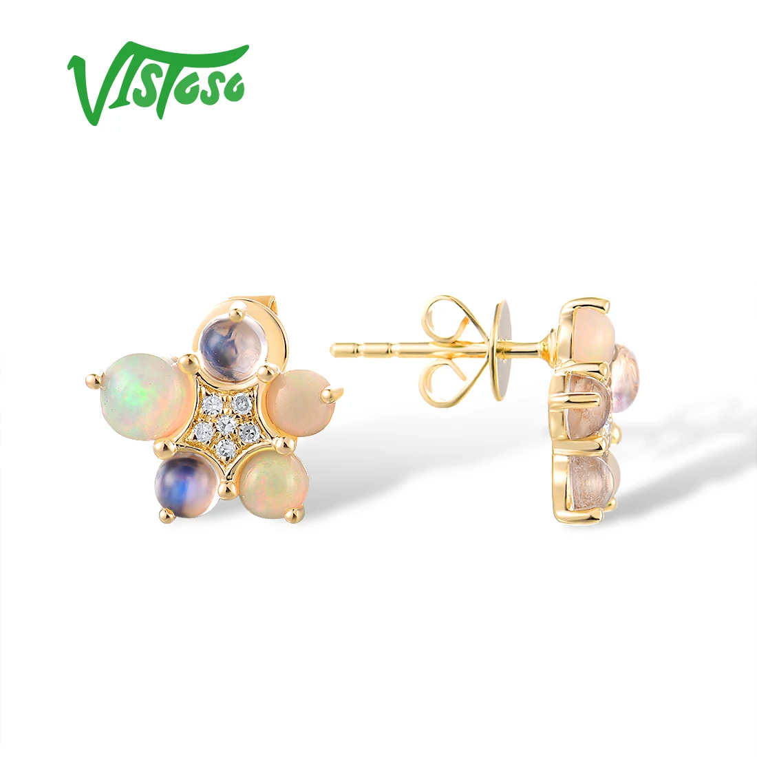 VISTOSO 14K 585 Yellow Gold Earrings For Women Sparkling Opal Blue Moonstone Diamond Flower Stud Earrings Trendy Fine Jewelry