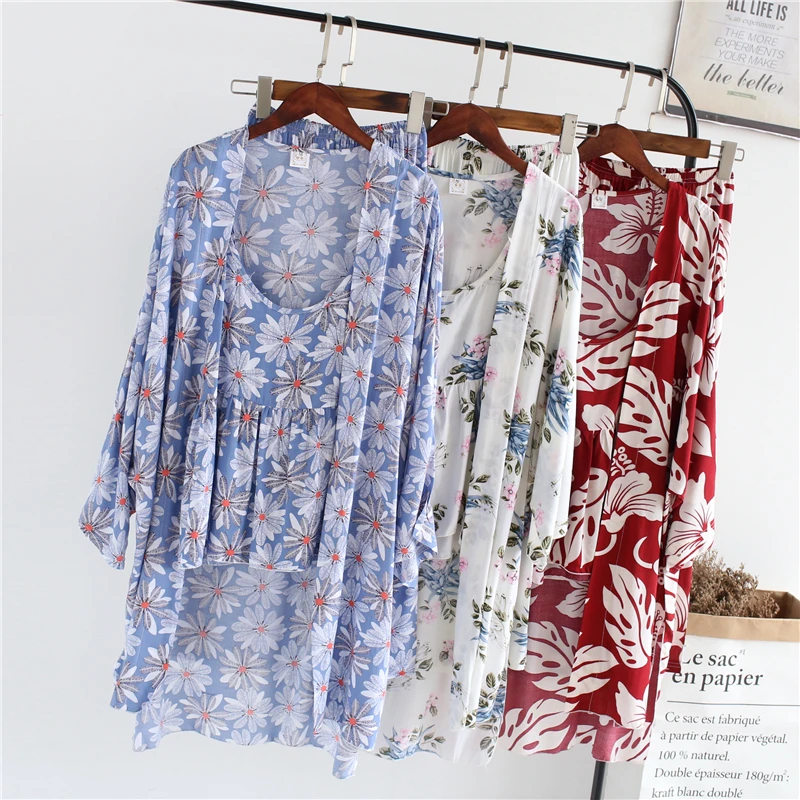 3 Pieces Japan Kimono Pajamas Sets  Autumn New Thin Print  Women Long Sleepwear Suit Home Women Gift Female Sleepwear