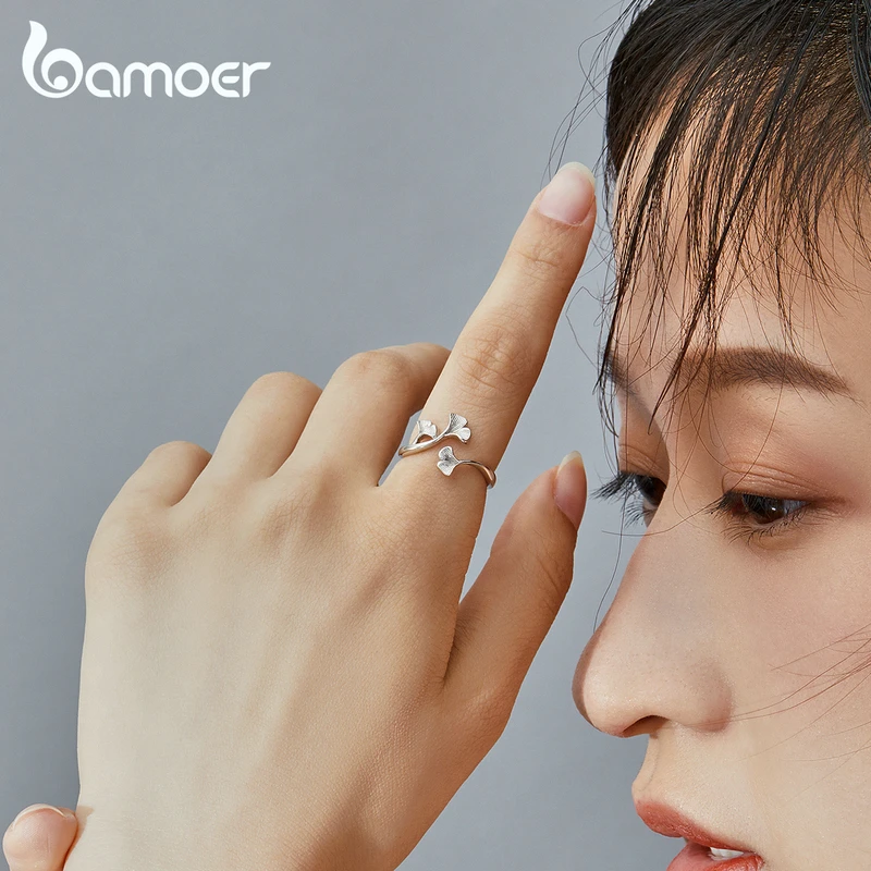bamoer Silver 925 Design Ginkgo Leaf Finger Rings for Women Vintage Bijoux 925 Sterling Silver Trendy Wedding Jewelry BSR097 2
