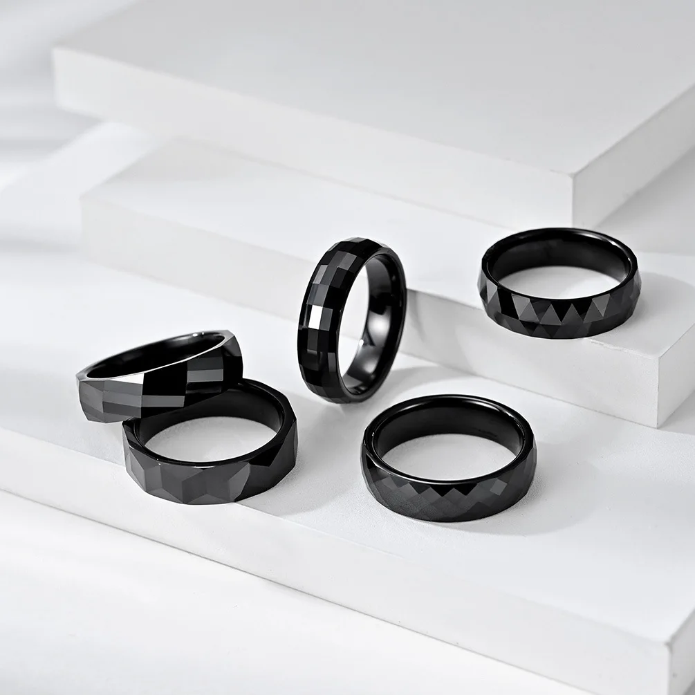 6mm Black Faceted Ceramic Ring Wedding Band for Men Women Size 7-12