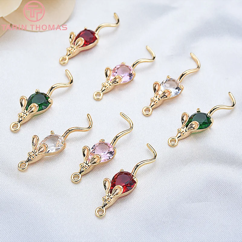(1041) 4PCS 28x7MM 24K Gold Color Plated with Zircon Mouse Pendants Charms High Quality DIY Jewelry Making Findings Accessories