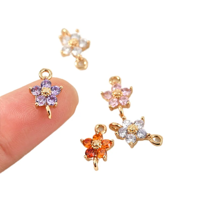 4PCS  Flower Five Petal Pendant DIY Earrings  Zircon for Jewelry Findings Components Jewelry Making Made Brass 18K Gold Plated