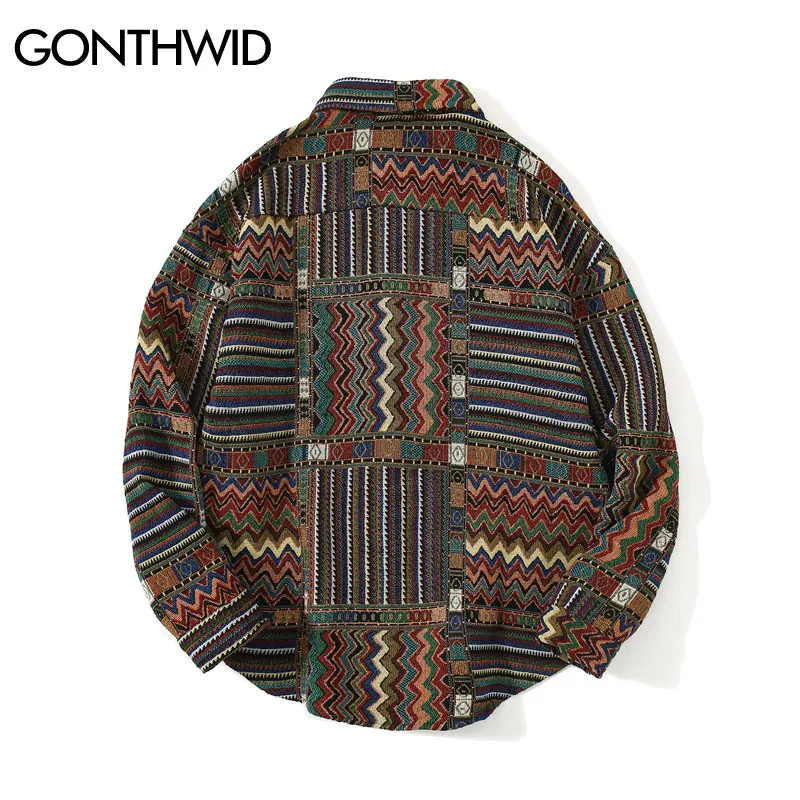 GONTHWID National Style Color Block Geometric Pattern Long Sleeve Tees Shirts Streetwear Hip Hop Harajuku Casual Loose Shirt Top