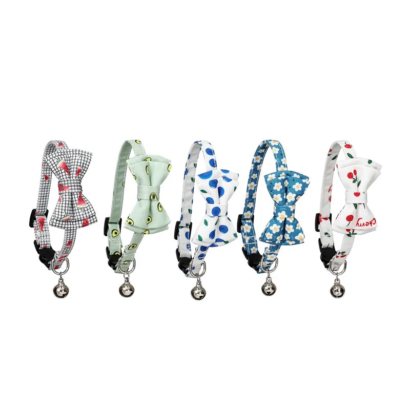 Cartoon Cat Collar Necklace Pet Products Printing Bowknot Safety Buckle With Bell Adjustable Cats Bow Tie Puppy Pets Accessories