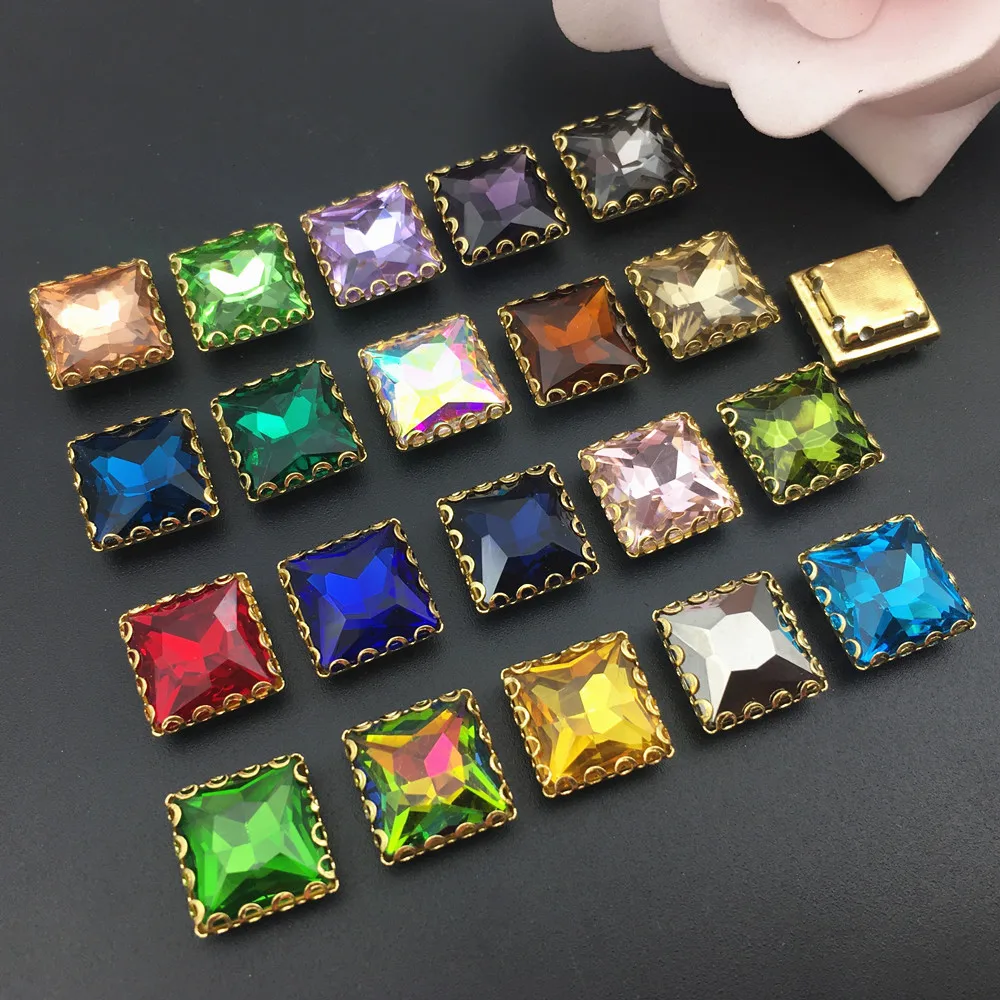 All colors 8mm 10mm 12mm 14mm Square Glass Crystal Lace Claw Rhinestones Golden Base Sew On Stone for Diy/Clothing accessorie