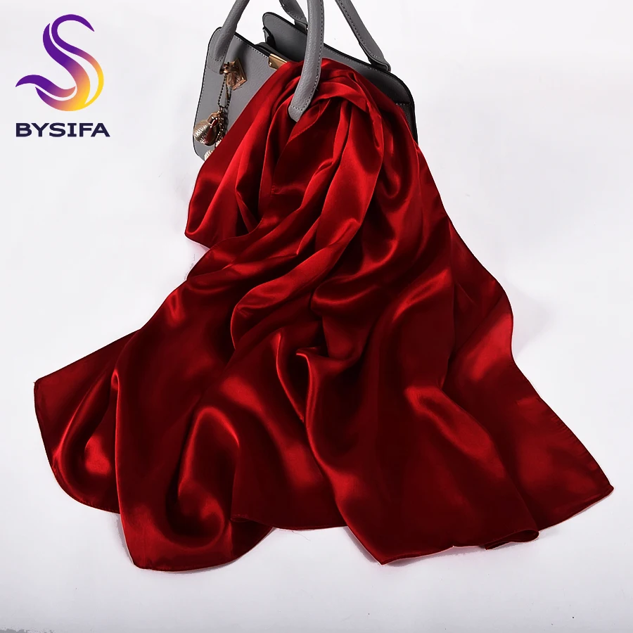 [BYSIFA]  Pure Silk Wine Red Silk Scarf Shawl Women Fashion Luxury Crepe Satin Silk Long Scarves Ladies Brand Head Scarf Cape