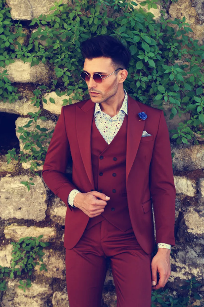 

Costume Homme Men Suits Burgundy 3 Pieces Slim Fit Business Formal Suits For Wedding Tailor Made Male Party Suits Groom Blazer