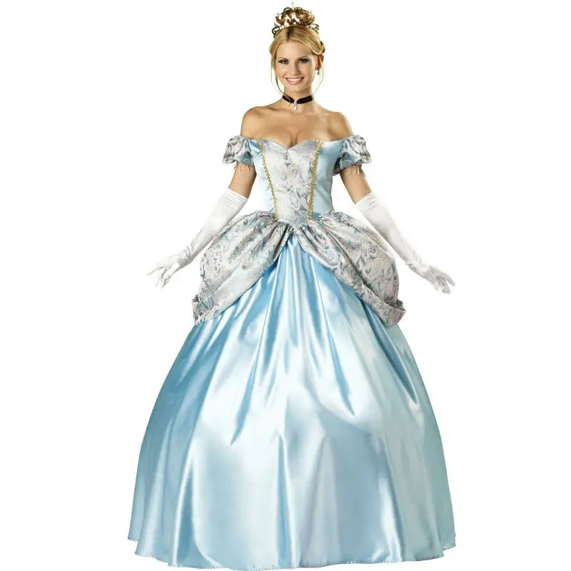 Nuovi costumi da principessa per feste di Halloween blu sexy da donna adulta, abiti cosplay di Cenerentola fantasia di alta qualità con guanti