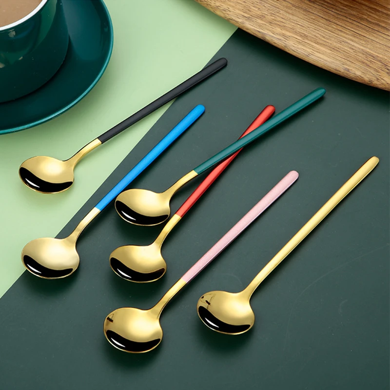 17cm Long Handle Stainless Steel Stirring Teaspoons Round Head Small Coffee Dessert Ice Cream Mixing Spoon Kitchen Tableware