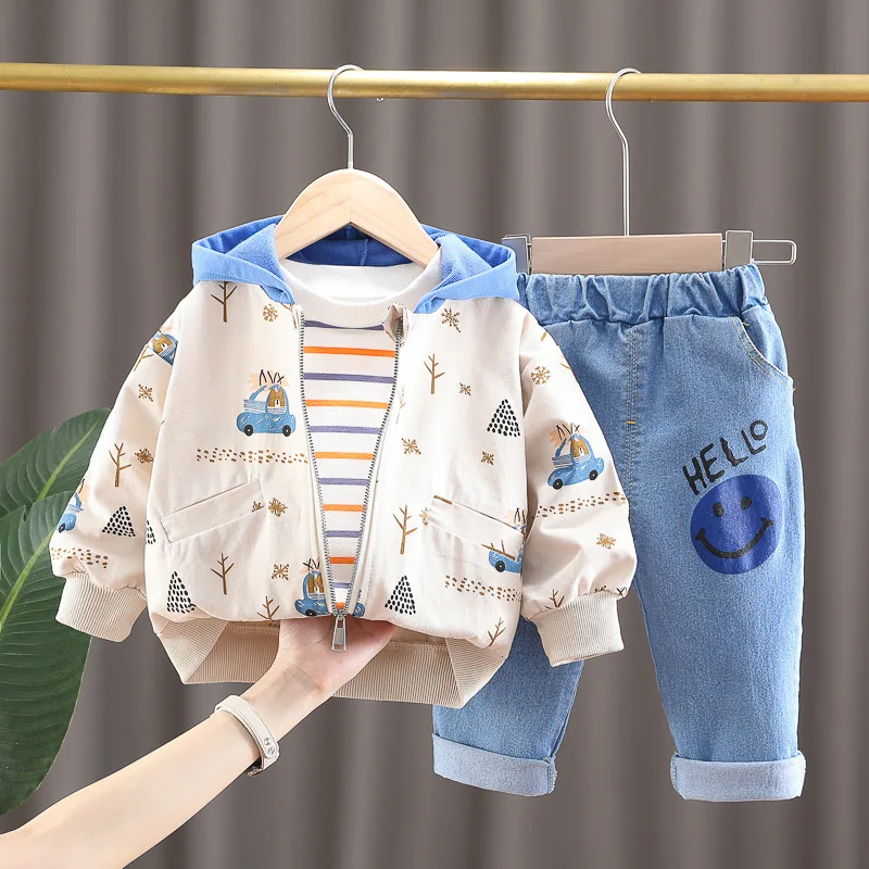 Baby Boys Clothing Sets Autumn Infant Cartoon Hooded Coats Stripe T Shirt Jeans Children Cotton Clothes Outfit Kids Sportswear