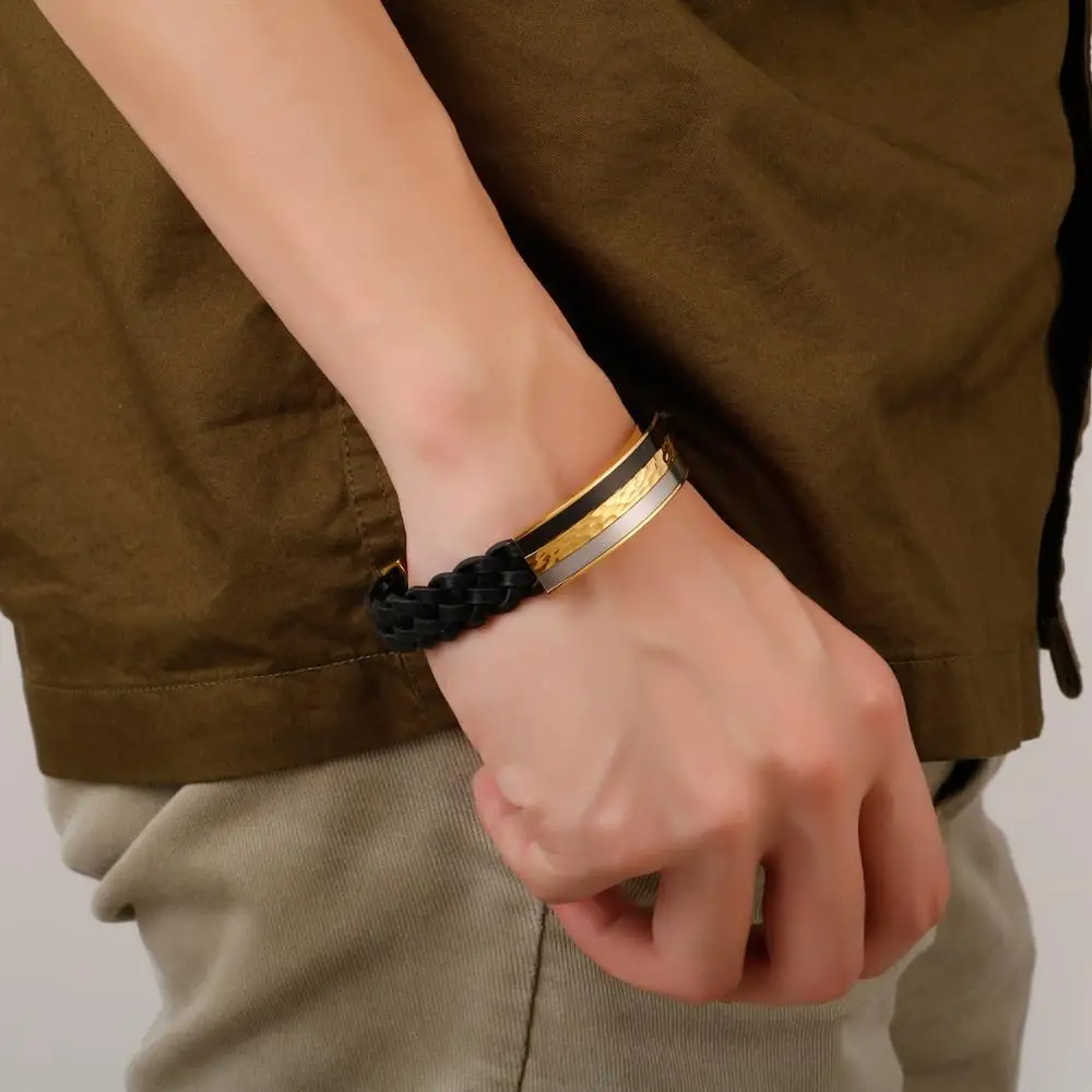 KALEN 21.5cm Black Genuine Leather Bracelet Men Stainless Steel Hip Hop Biker Bracelet Jewelry