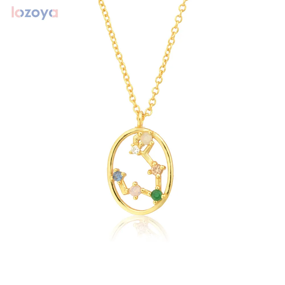 Lozoya 100% 925 Sterling Silver 12 Zodiacs Line Oval Zircon Colorful Spring Pendant Necklace Rainbow Birth Jewelry 2021 Gemini