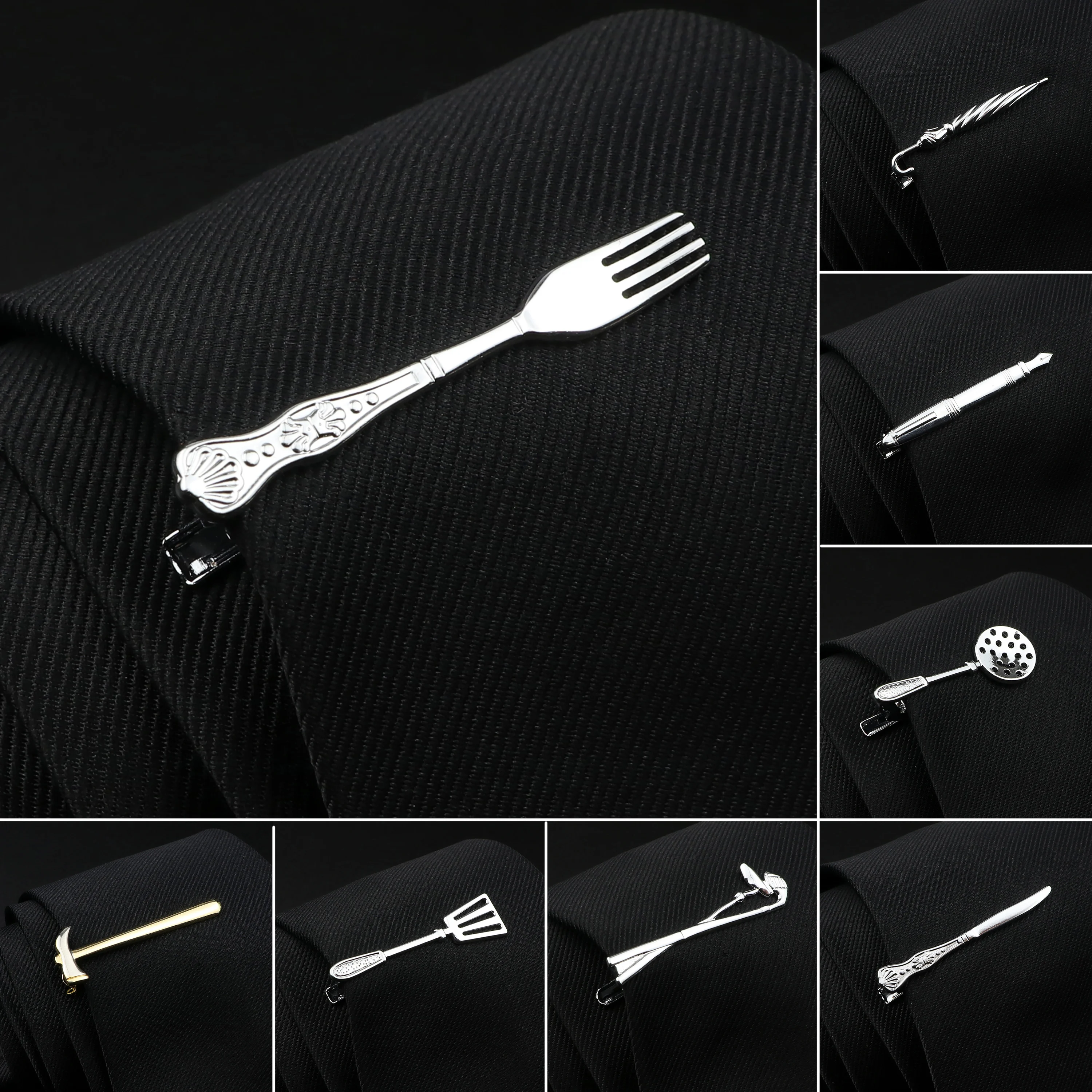 Men\'s Chrome Stainless Tie Clip Fork Spoon Shovel Knife Hammer Arrow Dolphin Shape Metal Tie Clip for Men Necktie Clips Pin Gift