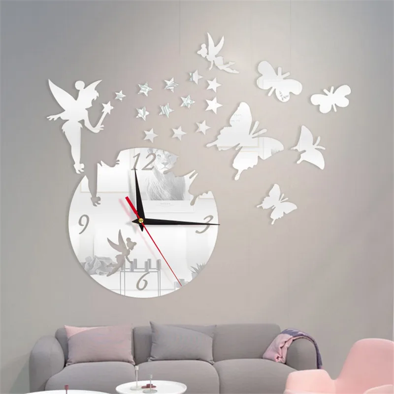 Acrylic Mirror Stickers Wall Clock Modern Design Fairy Butterfly 3D DIY Duvar Saati Clocks for Girl Gift Living Room Home Decor