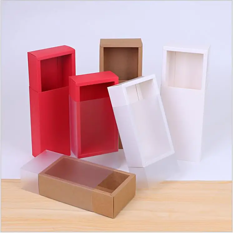 20pcs/lot Red Transparent PVC Box Kraft Paper Drawer Box Tea Cookies Candy Packaging Carton Folding Black Gift Box