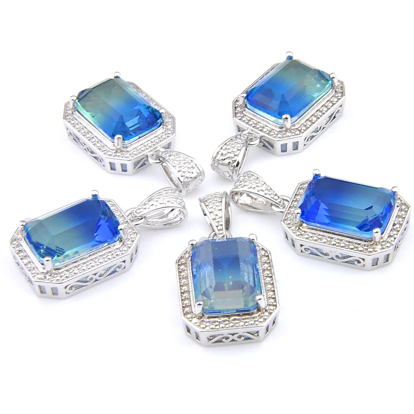 MIX 5 PCS Xmas Gifts Big Offer Shine Square Blue Bi-Colored Tourmaline Silver Necklaces Pendants for Holiday Party Gifts