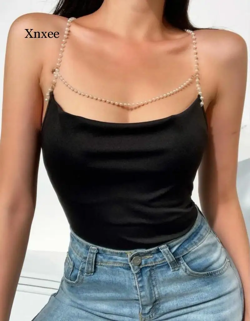 Cute Sexy Beading Tube Sling Top Women Backless Tank Spaghetti Strap Rhinestone Black Basic Tees Party Elegant Female Clothing