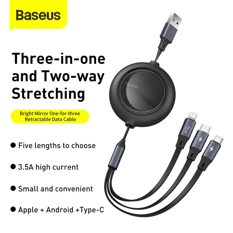 Baseus 3 in 1 Type C USB 개폐식 날짜 케이블, iPhone 13 12 Pro Max Micro USBC 고속 충전 코드, Huawei Xiaomi Samsung