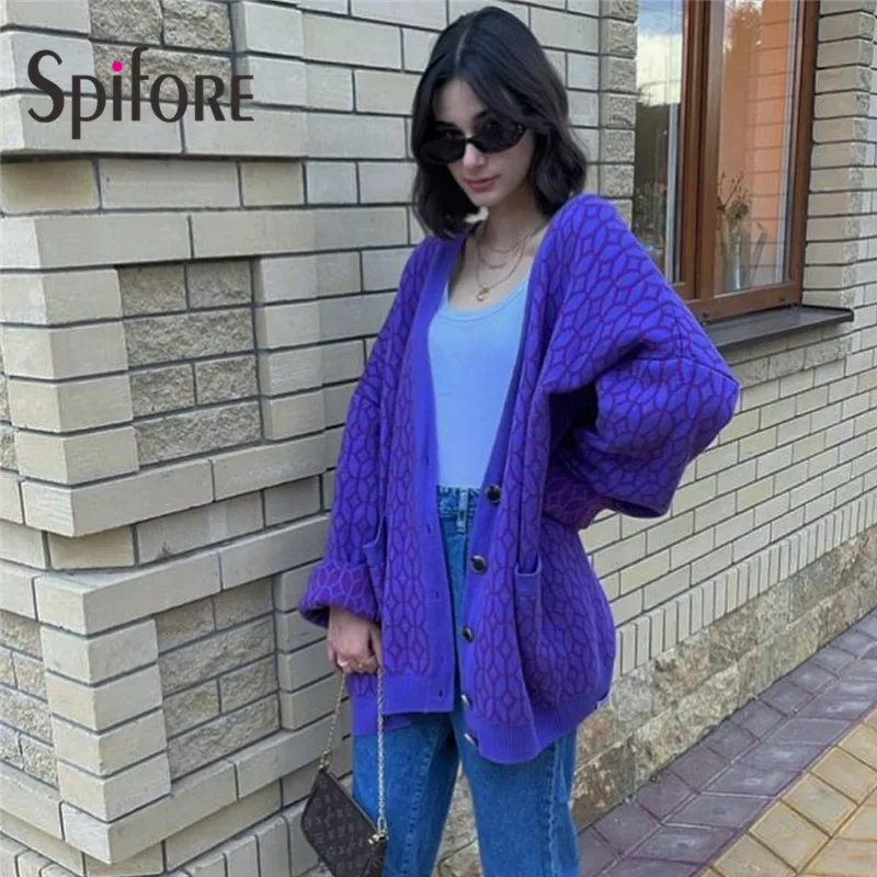 Spifore Printed Cardigan Sweater Oversized Lantern Sleeve Casual Women Tops Fashion Loose Streetwear Knitwear Winter Sweaters