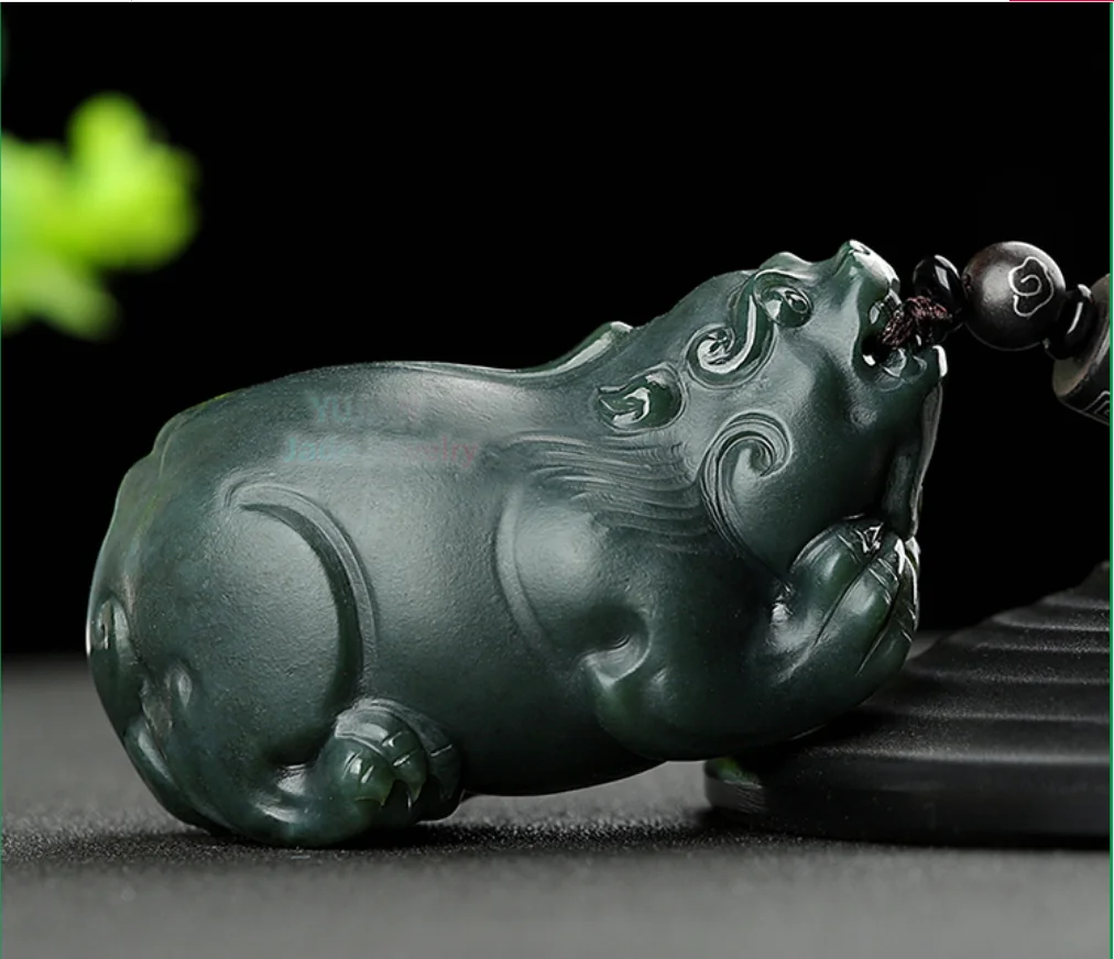 Ancient China Carving Natural Hetian Qingyu Pixiu Handle Piece Overlord Jade Portable Pendant Taqing Jewelry