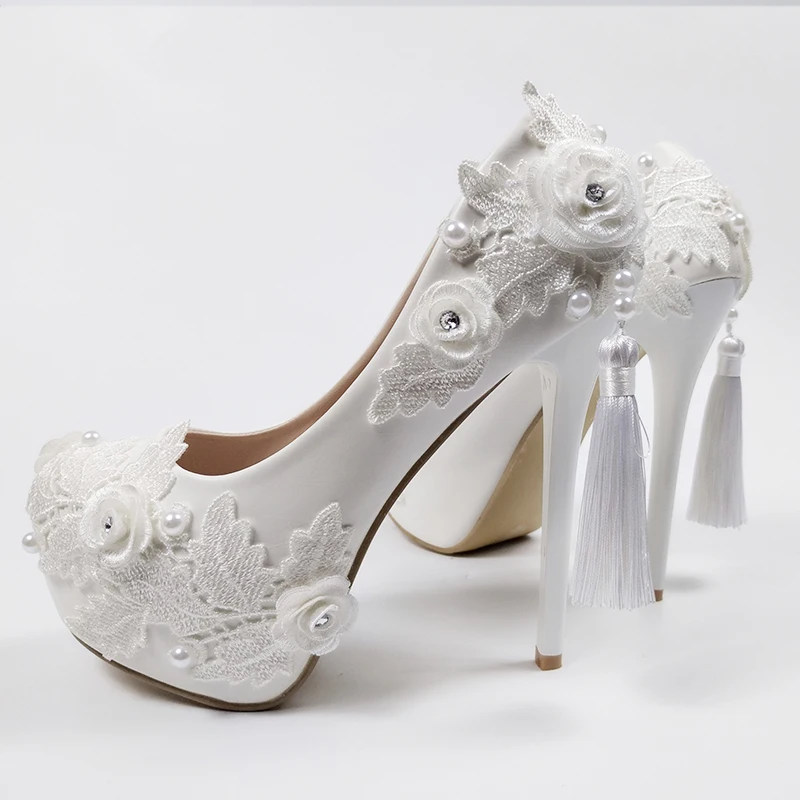 BaoYaFang Super High Heel White Flower Wedding shoes Bride Ladies high platform shoes woman Fashion Round Toe Tassel Dress shoes