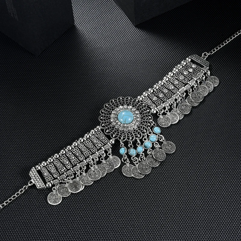 Statement Vintage Choker Necklace Women Bohemain Collares Flower Crystal Rhinestone Blue Beaded Coin Tassel Ethnic Gypsy Jewelry