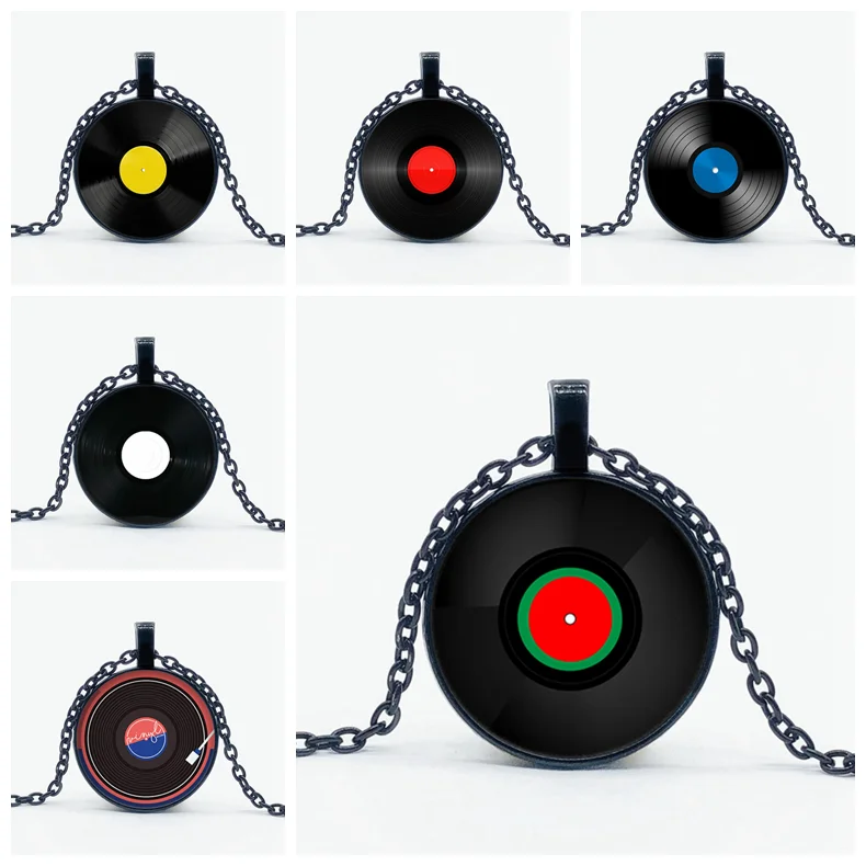Retro Music Record Necklace Music Personal Album Round Glass Pendant Necklace Gift for Music Lovers