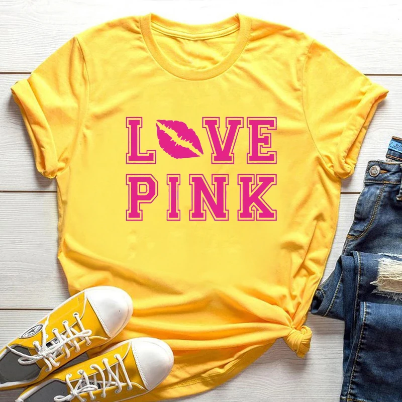 Women PINK Love Graphic Tee Pink Heart Shirt VS Summer Brand Tops Ladies Harajuku Shirts Oversized Tops