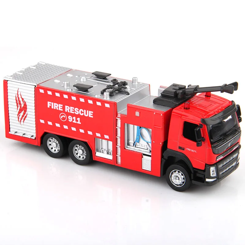 1:50 Scale Volvo Ladder Fire Engine Truck Toy Car Diecast Vehicle Model Pull Back Sound & Light Educational Collection Gift Kid