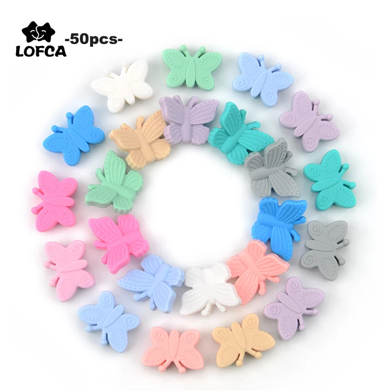 

LOFCA Butterfly Beads Silicone 50pcs Teethers BPA Free DIY Loose Bead For Teething Necklace Animal Shaped Cute Teething Toys