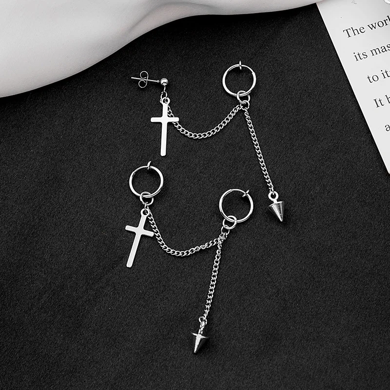 1 Piece Men/Women Stainless Steel Cross Pointed Cone Chain Tassel Earrings Integrated Ear Bone Clip Hip-hop Ear Stud Earrings