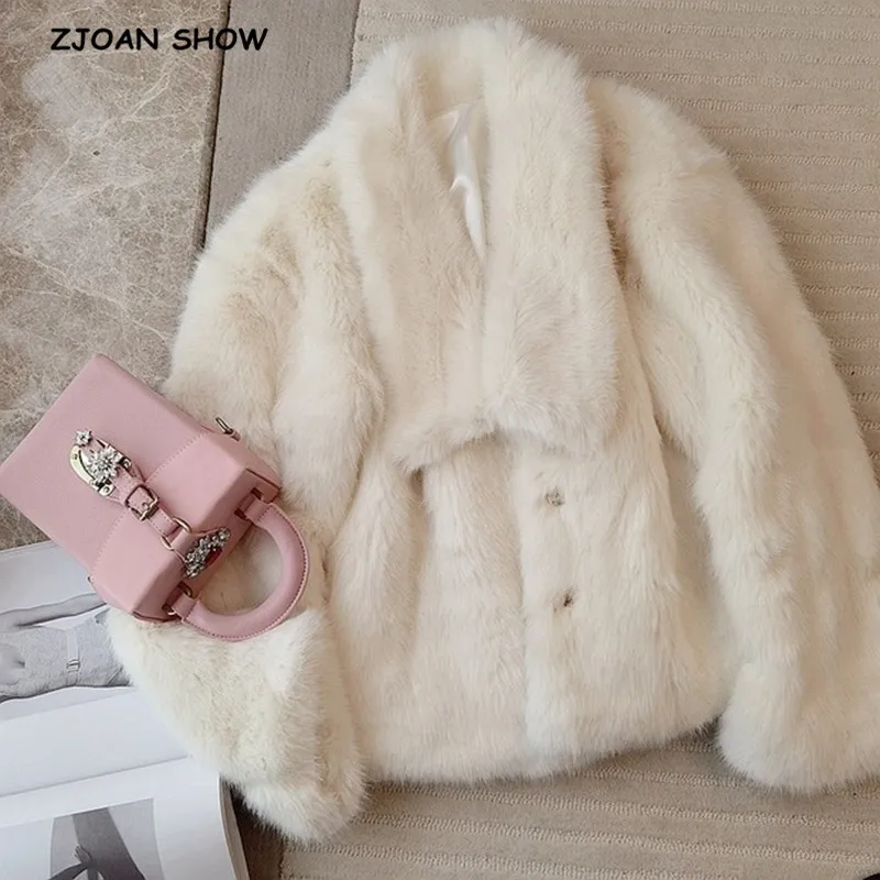 Winter Turn down Collar Lapel Hairy Shaggy Soft Faux Fur Coat Green Women Long Sleeve Furry Fur Warm Jacket Short Outerwear