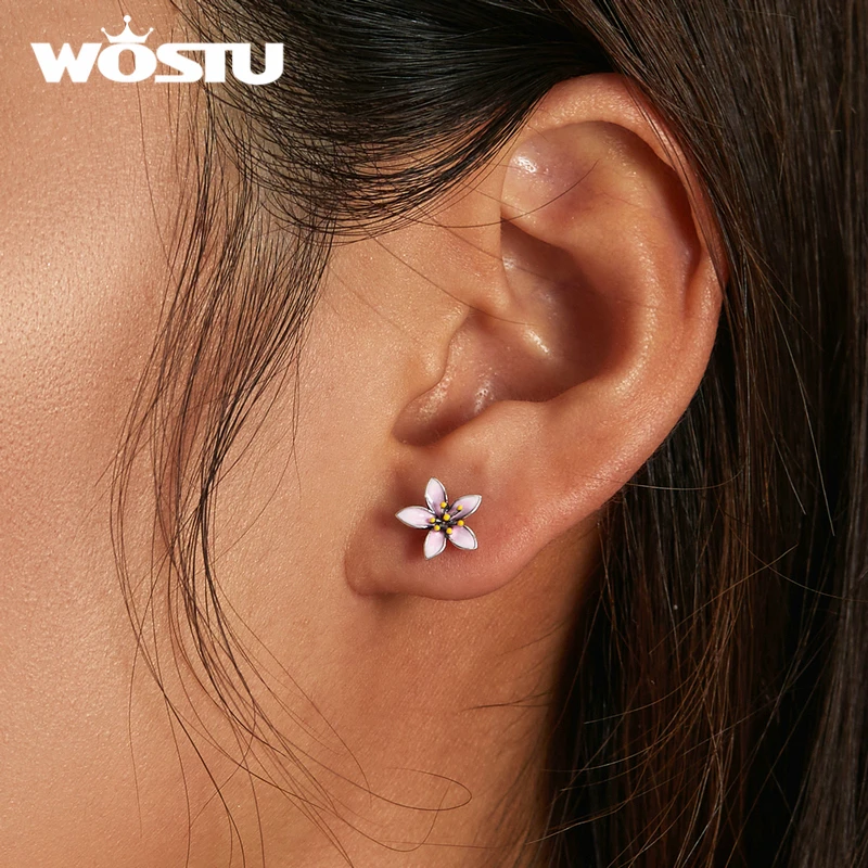 WOSTU 925 Sterling Silver Pink Cherry Blossom Small Cute Stud Earrings For Women Fashion Party Jewelry CQE1273