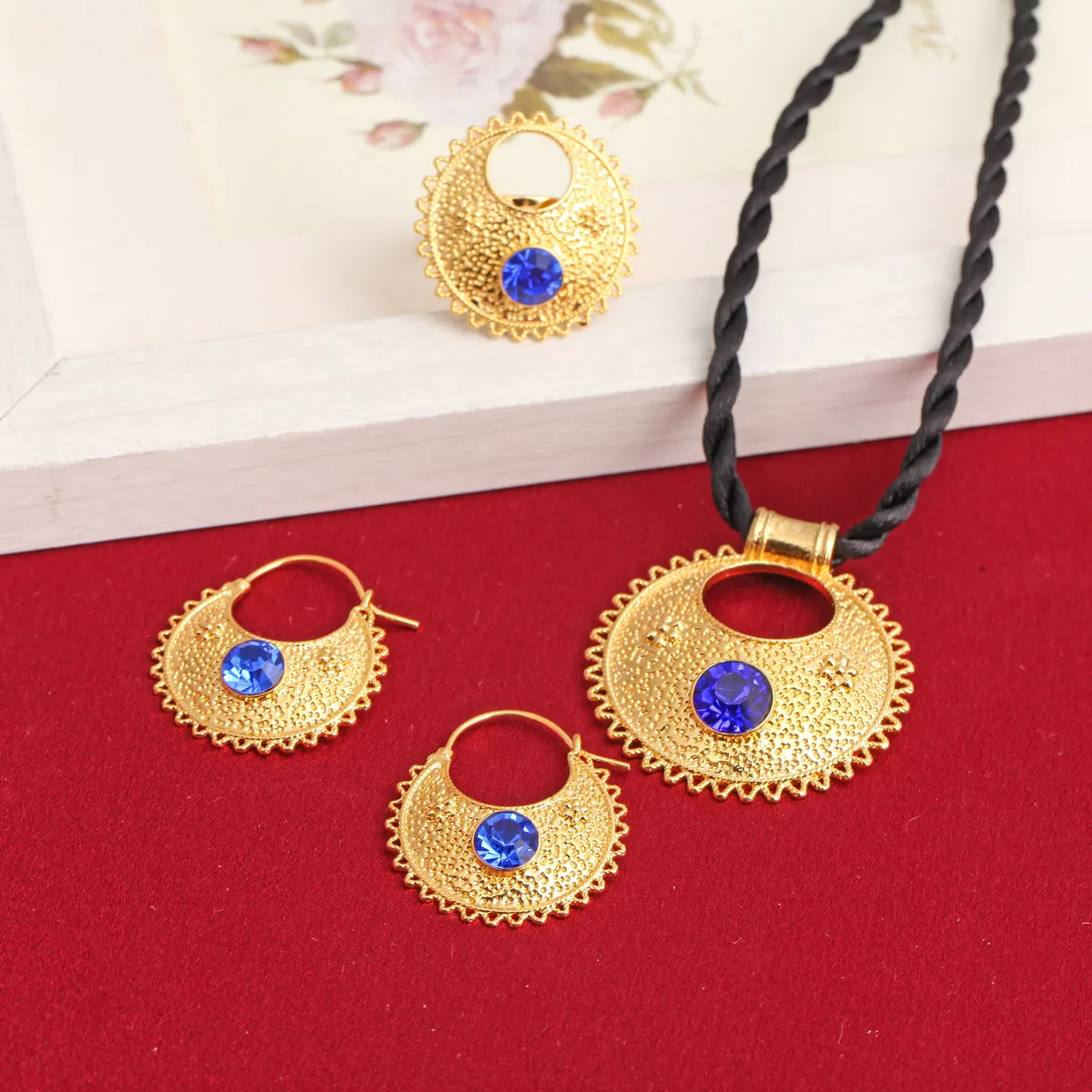 Blue Red Green Stone Ethiopian Pendant Necklaces Earrings Ring Gold Color Africa Bride Wedding Jewelry Set