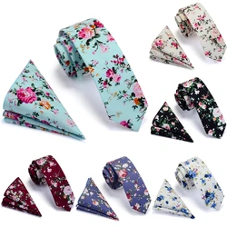 Ricnais 100% Cotton 6cm Slim Pocket Square Necktie Set Red Bule Floral Print Handkerchief Ties Set For Men Party Skinny Neck Tie