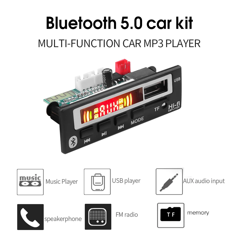 KEBIDU Bluetooth5.0 MP3 WMA WAV Decoder Board 5V 12V Wireless Audio Module Color Screen USB TF FM Radio For Car accessories