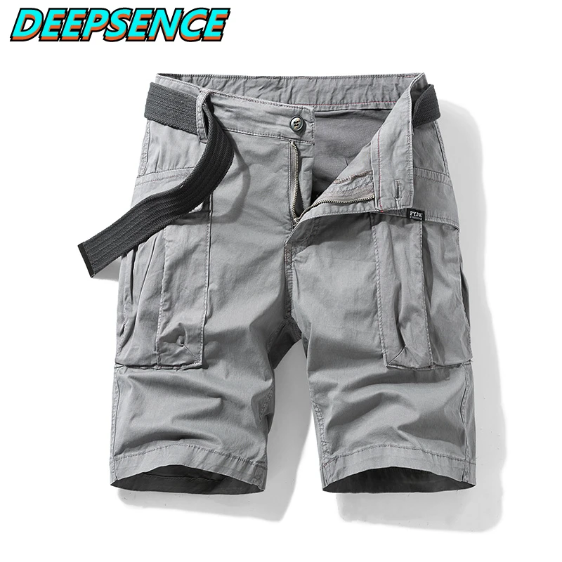 

2021 Summer Casual Shorts Men Safari Style Cotton Zipper Pockets Solid Knee Length Streetwear Fashion Cargo Shorts Men