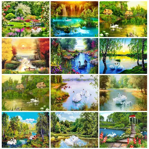 Diamond Painting Kit with Landscape and Swan huacan