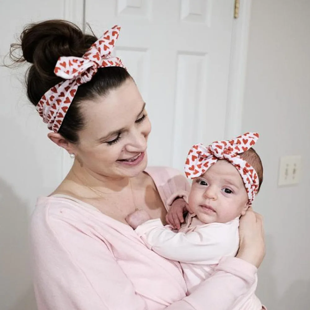 Mom & Baby Headbands Mother Baby Turban Mom Daughter Rabbit Ears Hairband Floral Print Fabric Knotted Bow DIY Hair Accessories