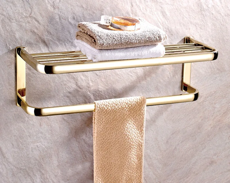 Luxury Golden Brass Bathroom Wall Mounted Clothes Bath Towel Racks Shelf Holder 2ba841