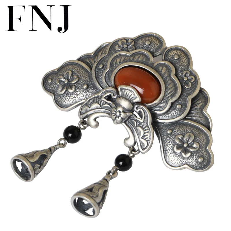 

FNJ Vintage Peony Flower Pendant 925 Silver Original Pure S925 Sterling Silver Pendants for Jewelry Making Women Red Agate