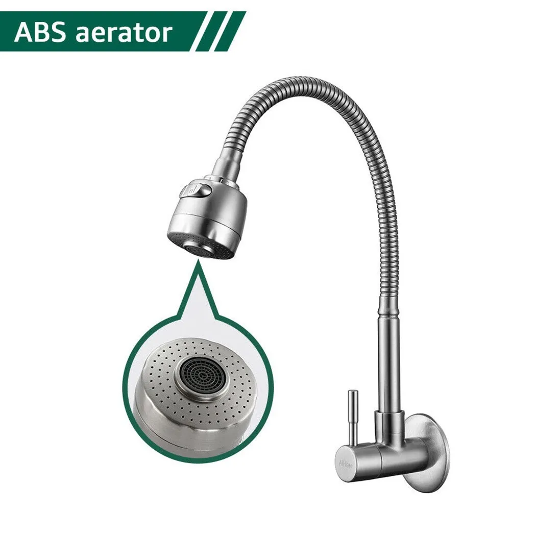 

Brushed Kitchen Faucet Wall Mounted Cold Water Sink Faucet Single Handle 360 Rotation Water Saving Nozzle Mixer