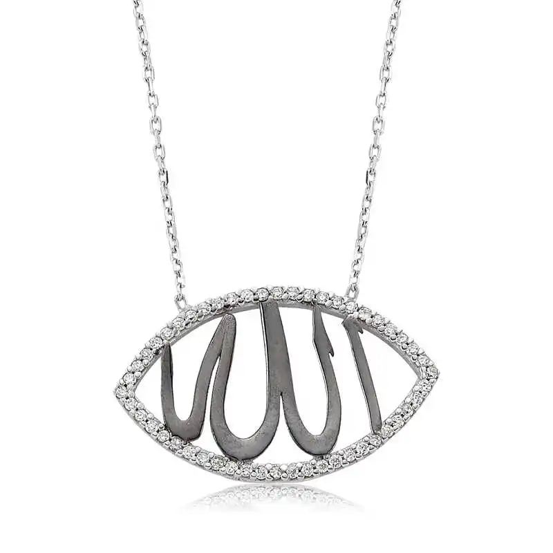 Silver Allah Written Lady Necklace Zircon Stone 925 Sterling Women Fine Jewelry Wedding Party Birthday Gift - Jeweled - Pendant - Chain Choker - Female - Ladies - Fashion