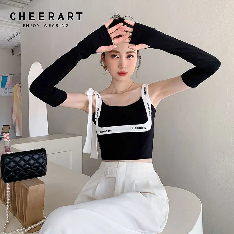 

CHEERART Black Crop Tank Top Women 2021 Camisole Tie Summer Top Backless Letter Print Square Neck Spaghetti Strap Basic Top